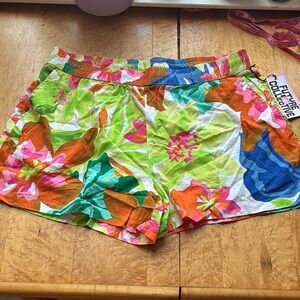 Green and Orange Athletic Shorts with Tropical Print
